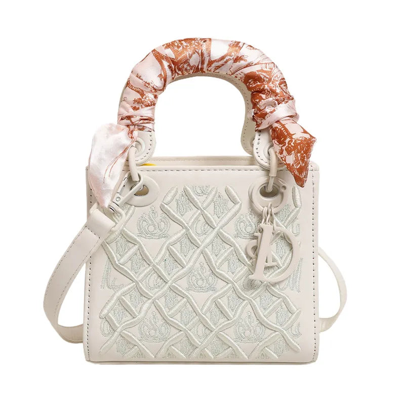Fashionable and Luxurious Women's Single-shoulder Bag, Embroidered Checkered Silk Scarf Decorated Handbag, 8560