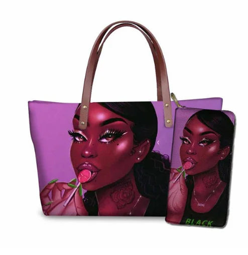 MOQ1 Customized Logo Designer Luxury Women's Handbags Black African Beauty Girl Printed Purses Set Top Handle Handbag for Summer