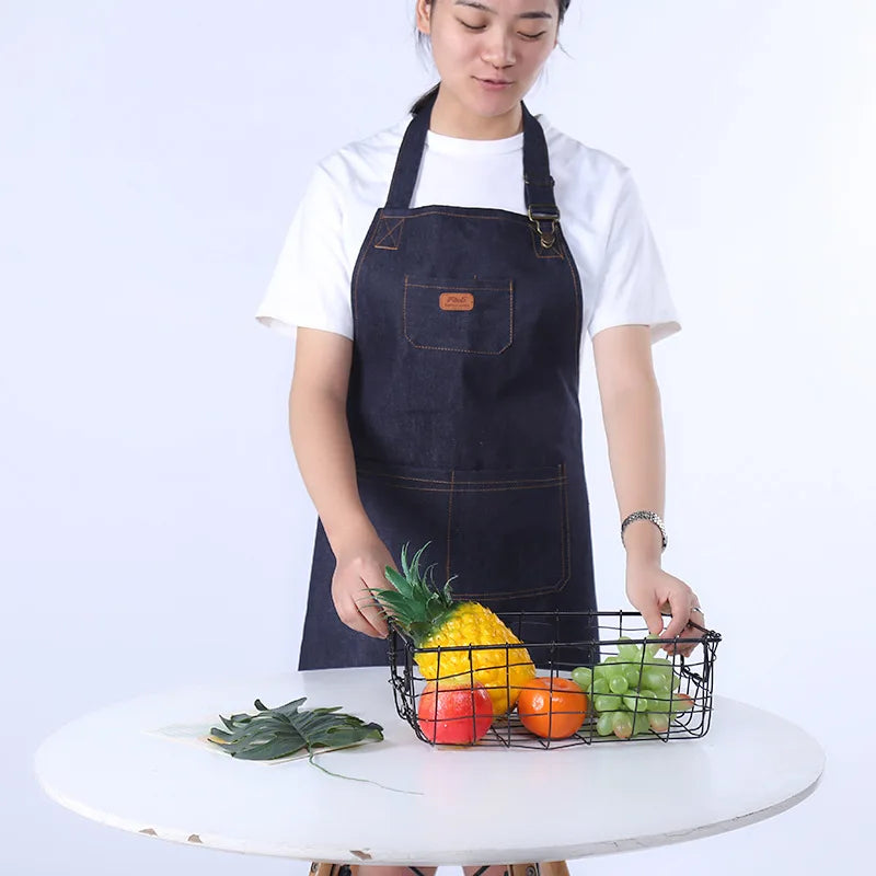 Kitchen Apron Unisex Denim Aprons Adjustable Men Women Apron with Pocket Chefs Cooking Baking Home Cleaner Tool Halter