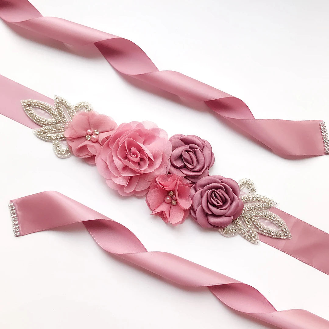 Hot sale wedding belt silk rose belt bridal pearl rhinestone flower belt bridal dress beaded handmade rose wedding belt