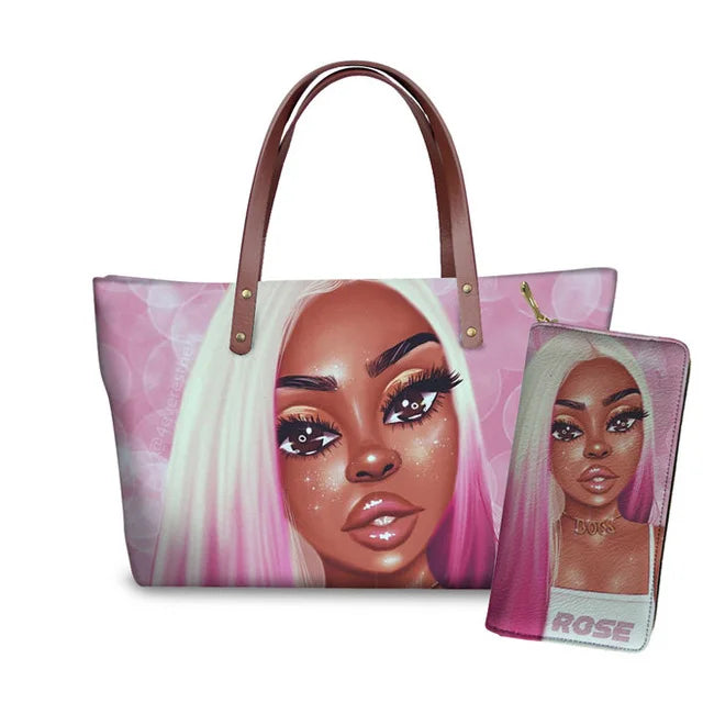 MOQ1 Customized Logo Designer Luxury Women's Handbags Black African Beauty Girl Printed Purses Set Top Handle Handbag for Summer