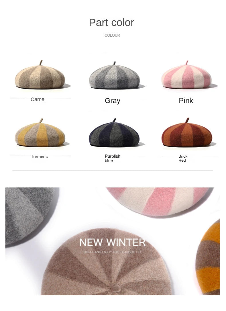 Women's Hat 100% Wool Beret Knitted Tweed Contrast Stripe Japanese Painter British Retro Autumn Winter Hats
