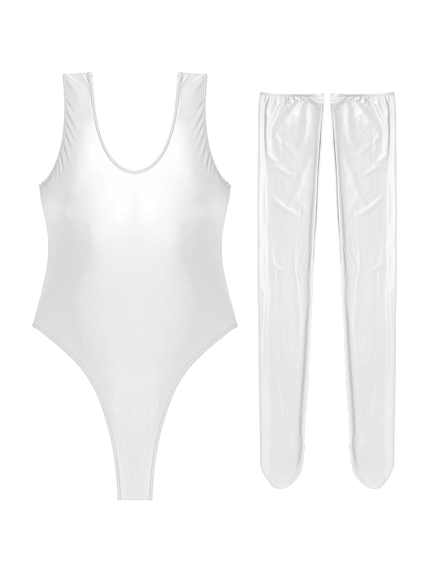 Women Sexy High Cut Bodysuit with Stocking Outfits Metallic Glossy Sleeveless Stretchy Tights One-piece Swimsuit Clubwear