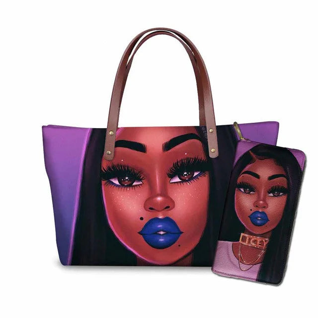 MOQ1 Customized Logo Designer Luxury Women's Handbags Black African Beauty Girl Printed Purses Set Top Handle Handbag for Summer