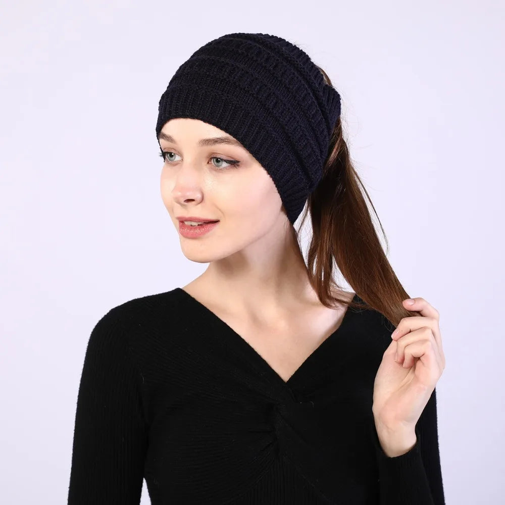 hats for women knitted hat cotton winter beanies with ponytails black knit fleece pink Autumn Solid Color ladies cap