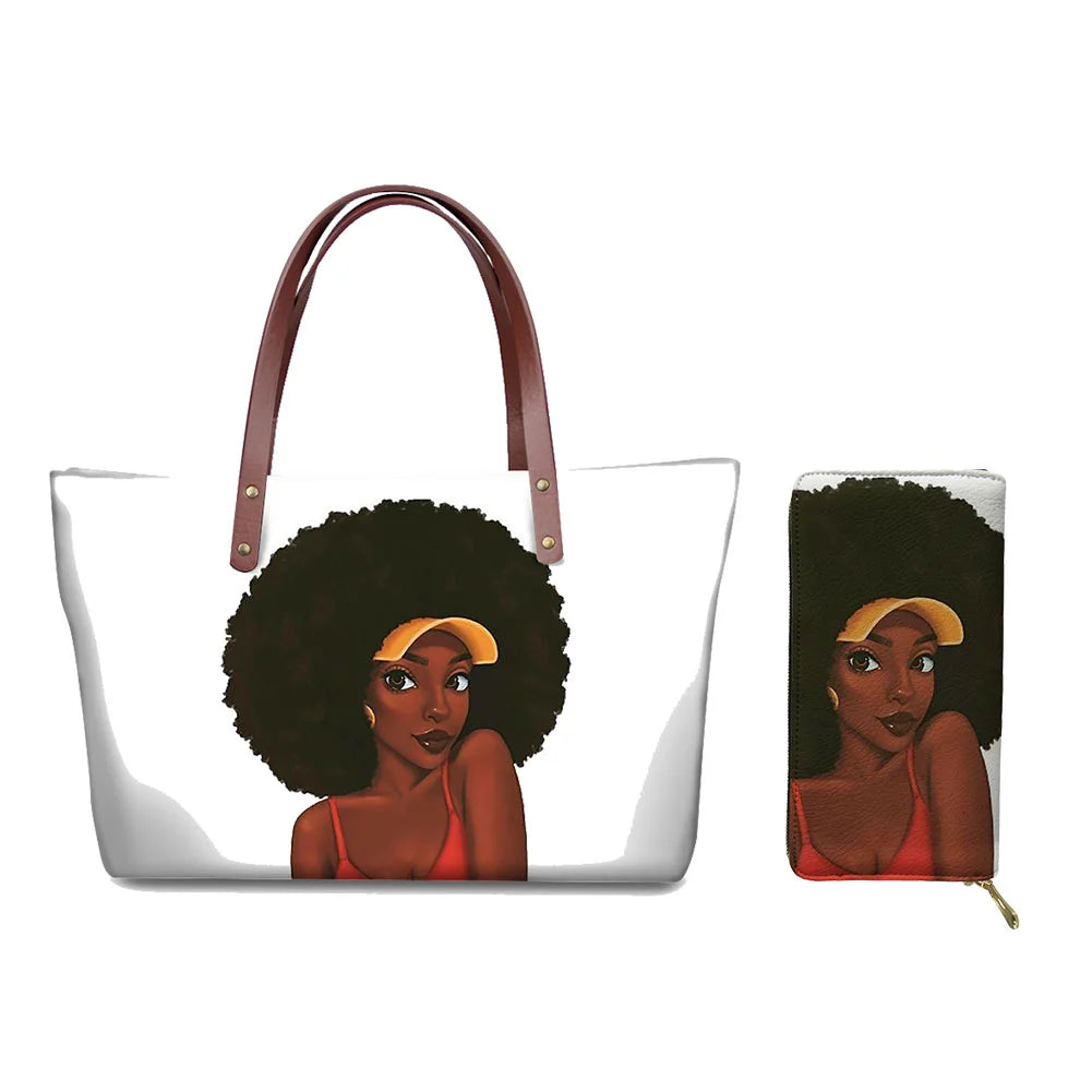 MOQ1 Customized Logo Designer Luxury Women's Handbags Black African Beauty Girl Printed Purses Set Top Handle Handbag for Summer