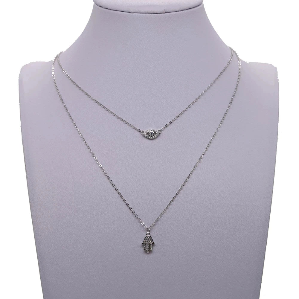 New Sexy Women Jewelry Lucky Hamsa Hand Evil Eye Cham Drop Silver Color Paved Cz Jewelry Double Layer Necklace Real 925 Silver