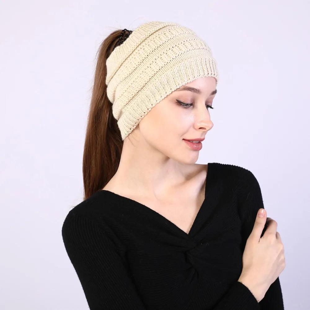 hats for women knitted hat cotton winter beanies with ponytails black knit fleece pink Autumn Solid Color ladies cap