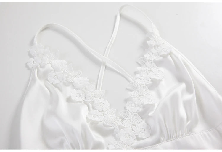 Night Sleep Dress Women Underwear Lingerie Sling Lace Embroidery V-Neck Sexy Nightdress Silk Nightgown Cross Strap Halter Dress