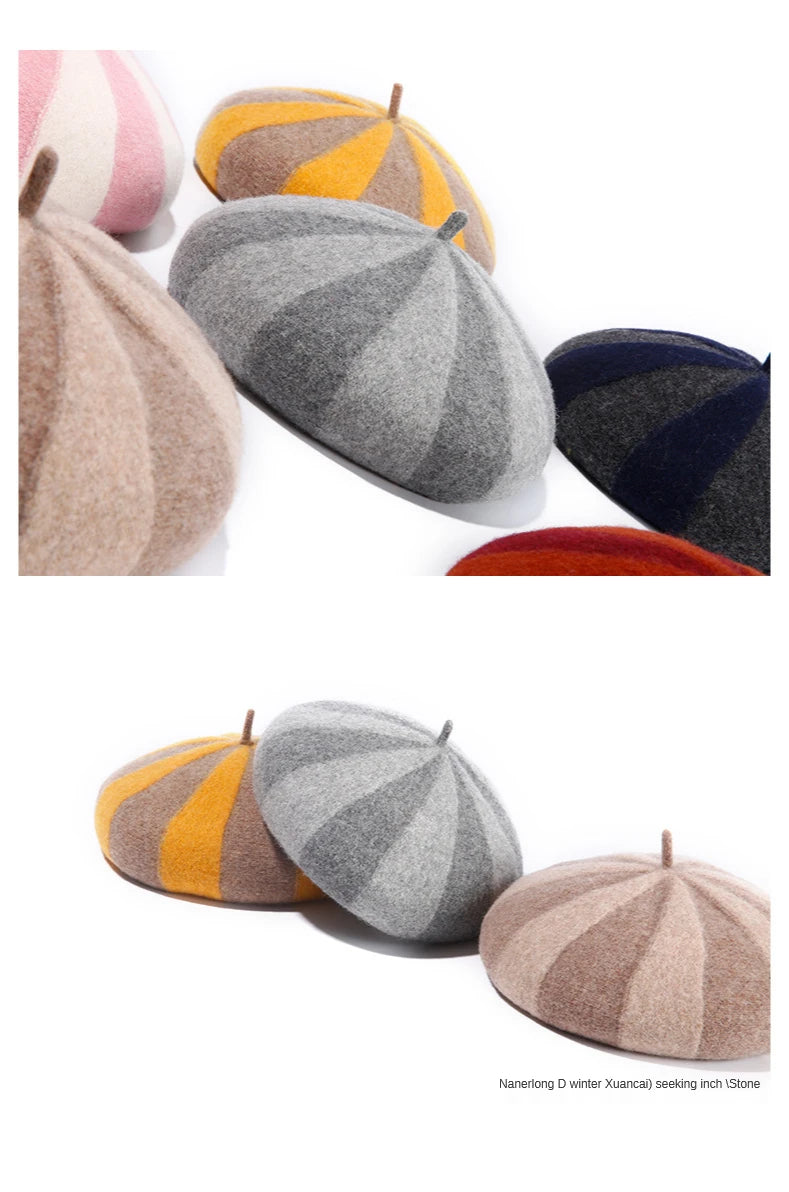 Women's Hat 100% Wool Beret Knitted Tweed Contrast Stripe Japanese Painter British Retro Autumn Winter Hats
