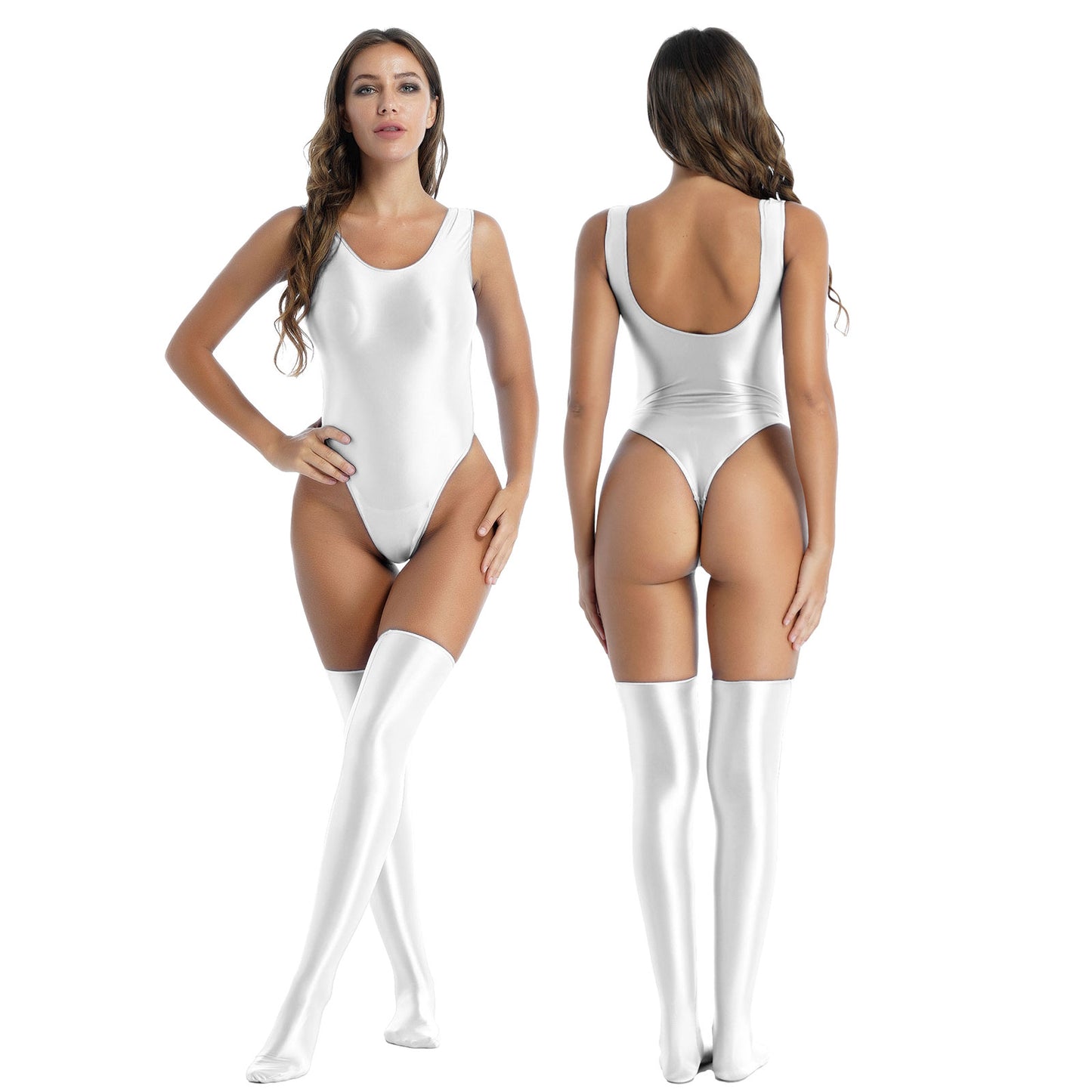 Women Sexy High Cut Bodysuit with Stocking Outfits Metallic Glossy Sleeveless Stretchy Tights One-piece Swimsuit Clubwear