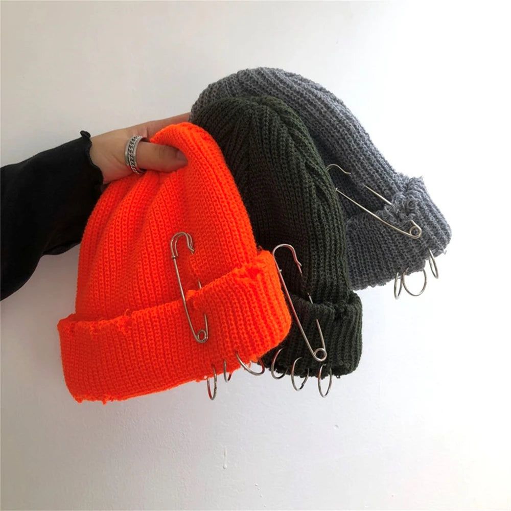 Hat for Women Autumn and Winter Ring Pin Street Hip-Hop Woolen Hats with Holes Edging Knit Cap Men's Trendy Cold-proof Beanies