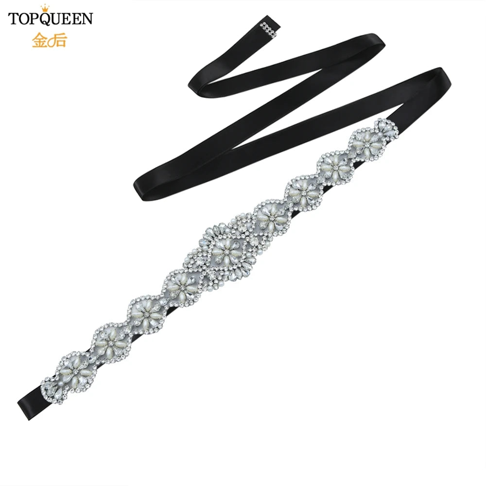 TOPQUEEN Bridal Belts Bling Wedding Women Jewelry Silver Rhinestone Pearl Crystal Sparkly Party Formal Dress Diamond Sash S161