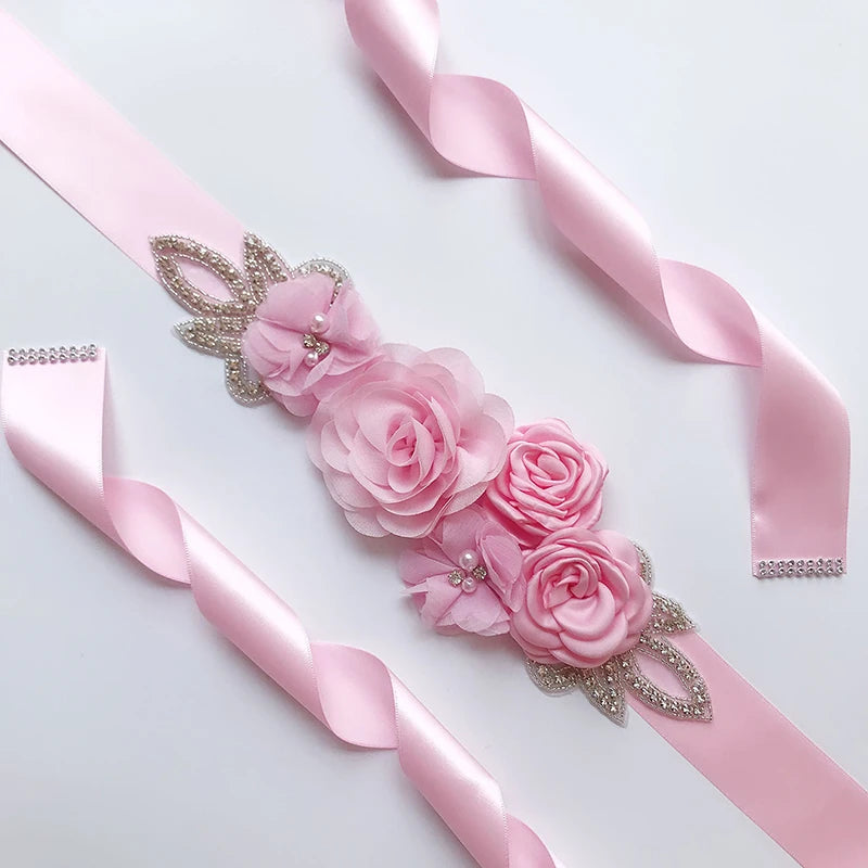 Hot sale wedding belt silk rose belt bridal pearl rhinestone flower belt bridal dress beaded handmade rose wedding belt