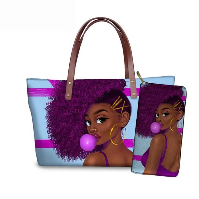 MOQ1 Customized Logo Designer Luxury Women's Handbags Black African Beauty Girl Printed Purses Set Top Handle Handbag for Summer