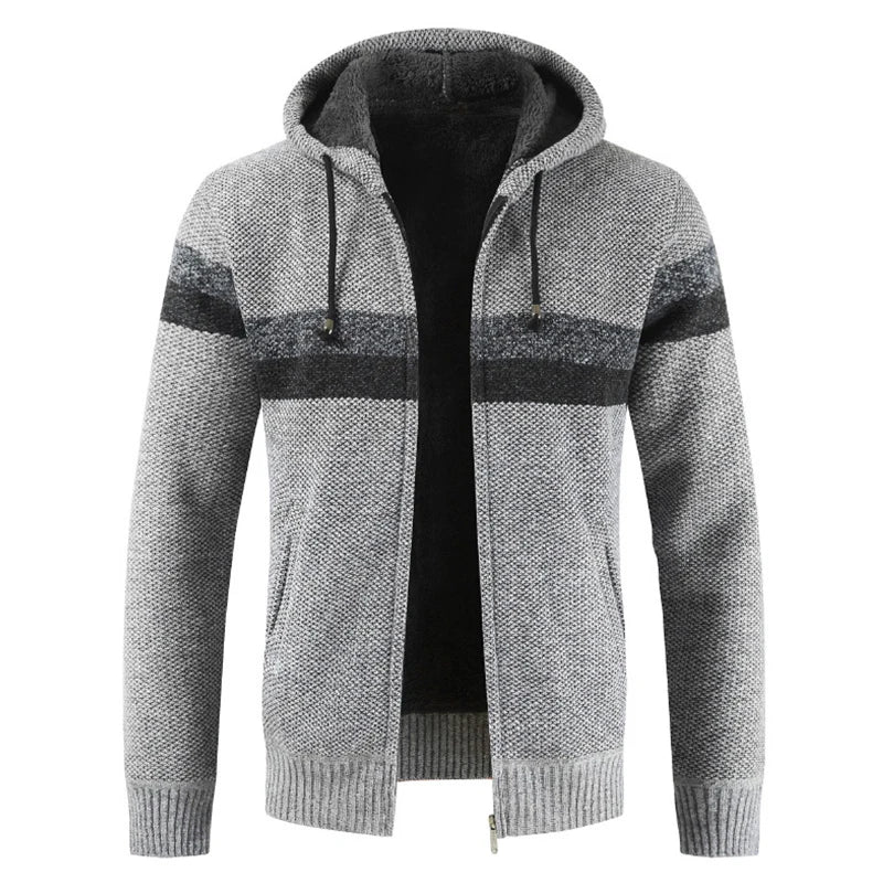 Sweater Coat Men 2024 Winter Thick Warm Hooded Cardigan Jumpers Men Striped Wool Liner Zipper Fleece Coats Men