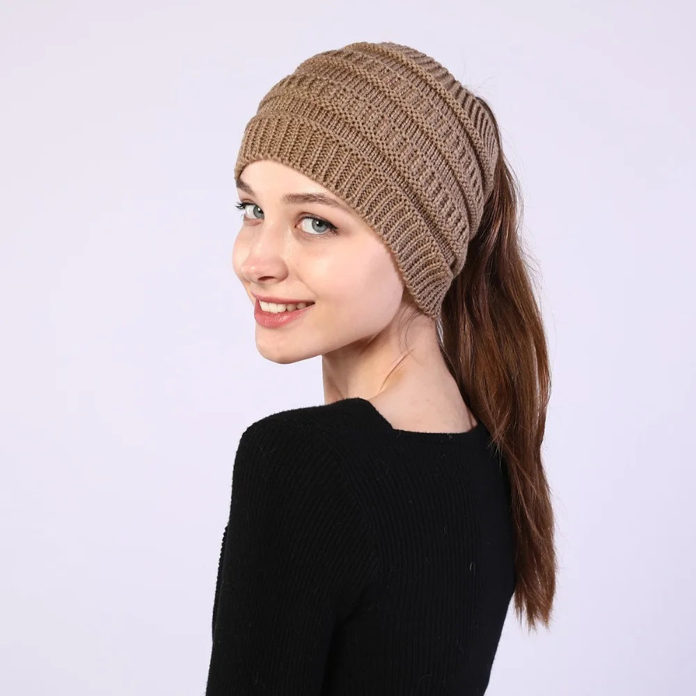 hats for women knitted hat cotton winter beanies with ponytails black knit fleece pink Autumn Solid Color ladies cap