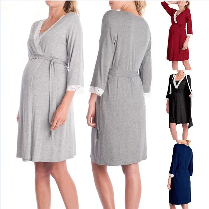 Maternity Robe Nightgown Pregnant Women Nursing Nightwear Lace Sleepwear With Adjustable Belt Pajama Dress Pregnancy Clothes