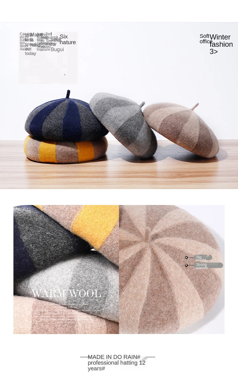 Women's Hat 100% Wool Beret Knitted Tweed Contrast Stripe Japanese Painter British Retro Autumn Winter Hats