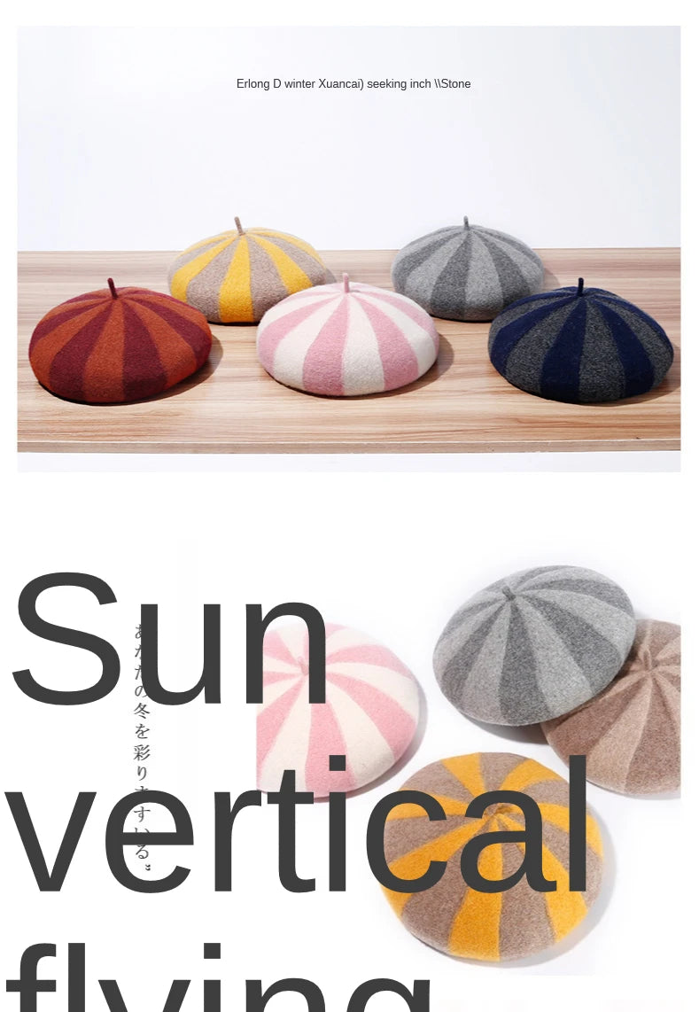 Women's Hat 100% Wool Beret Knitted Tweed Contrast Stripe Japanese Painter British Retro Autumn Winter Hats