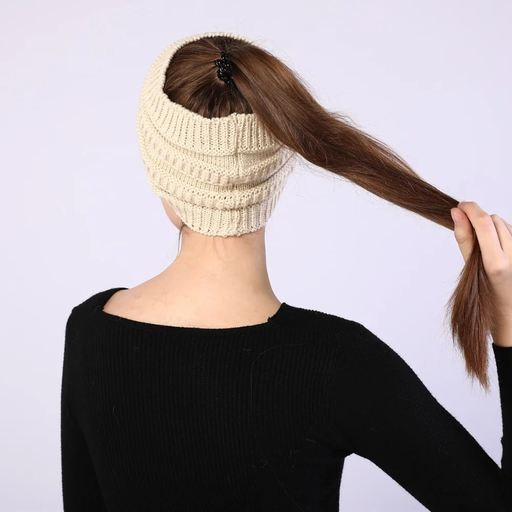 hats for women knitted hat cotton winter beanies with ponytails black knit fleece pink Autumn Solid Color ladies cap
