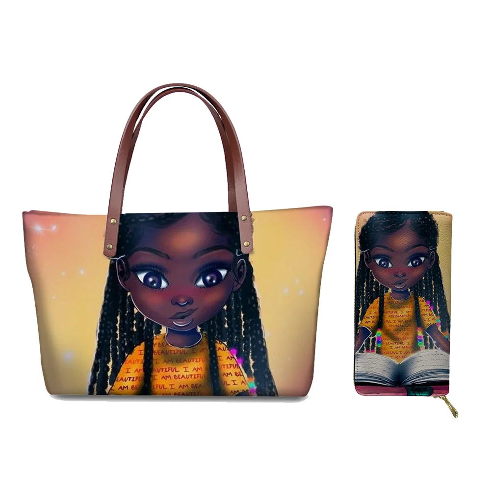 MOQ1 Customized Logo Designer Luxury Women's Handbags Black African Beauty Girl Printed Purses Set Top Handle Handbag for Summer