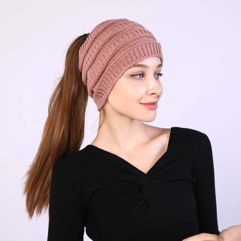 hats for women knitted hat cotton winter beanies with ponytails black knit fleece pink Autumn Solid Color ladies cap