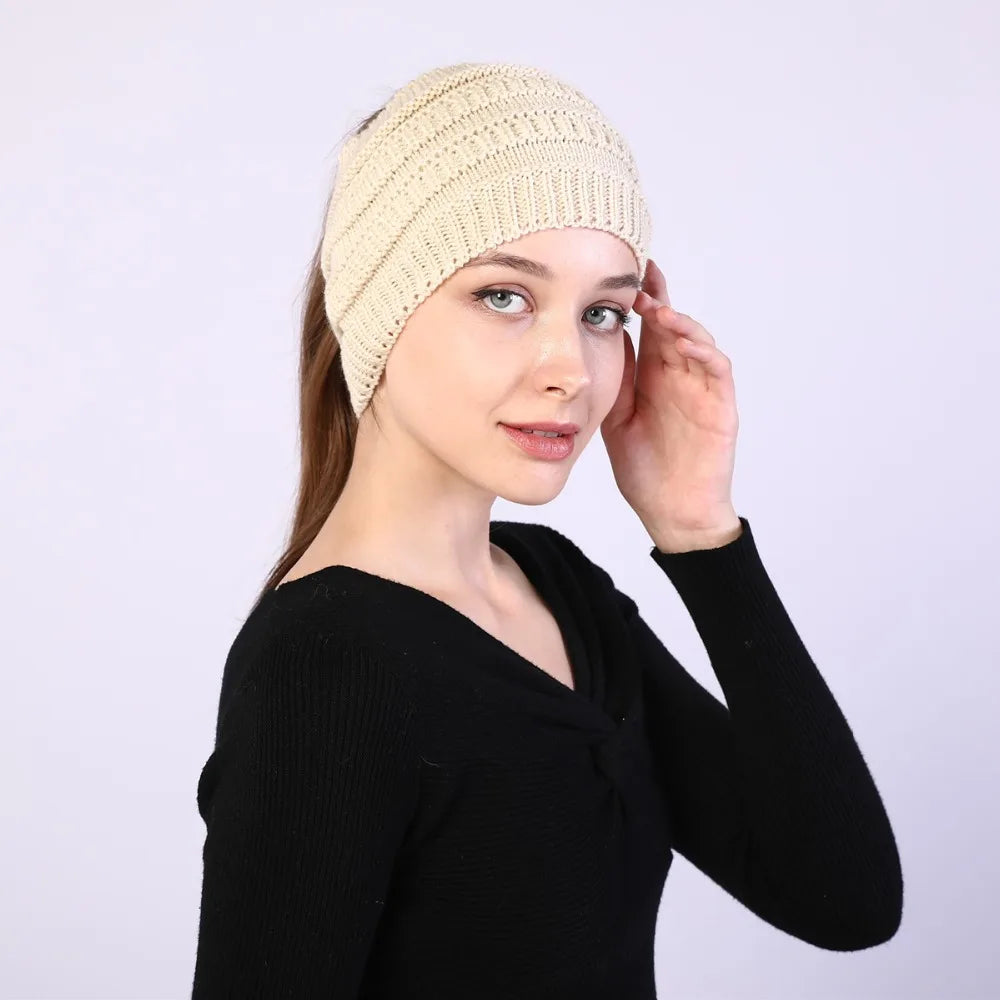 hats for women knitted hat cotton winter beanies with ponytails black knit fleece pink Autumn Solid Color ladies cap