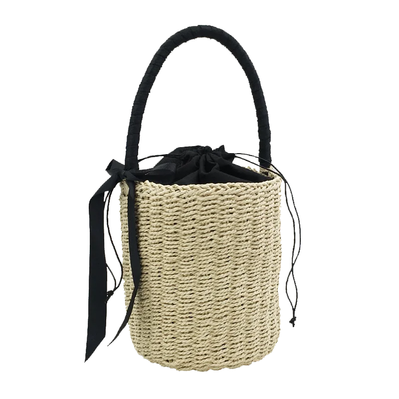 Handmade Women's Handbag Bucket Straw Bag Female Summer Beach Bags Bohemia Woven Bow Top-handle Tote Knitted Drawstring Basket