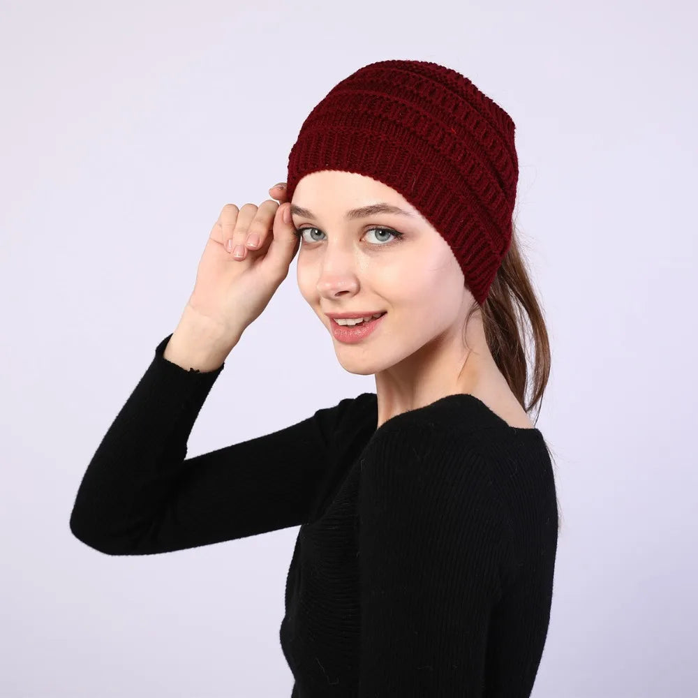 hats for women knitted hat cotton winter beanies with ponytails black knit fleece pink Autumn Solid Color ladies cap