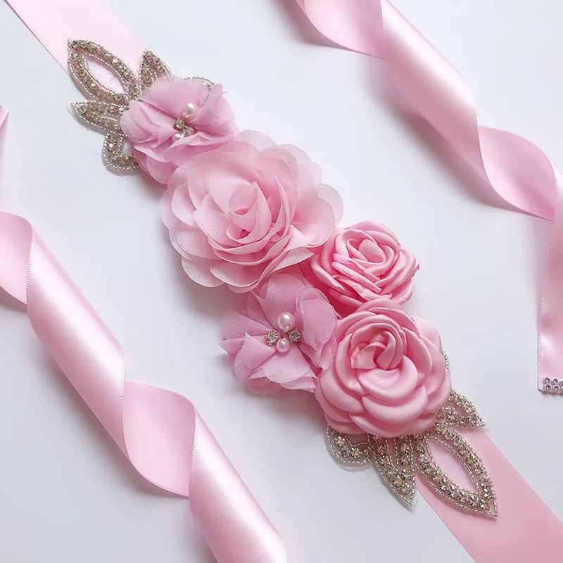Hot sale wedding belt silk rose belt bridal pearl rhinestone flower belt bridal dress beaded handmade rose wedding belt