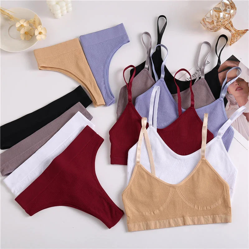 Women Bra Set Sexy Lingerie Female Underwear Set Bralette Ribbed Tops Girls Fashion Brassiere Basic Stretchy Tank Crop Tops