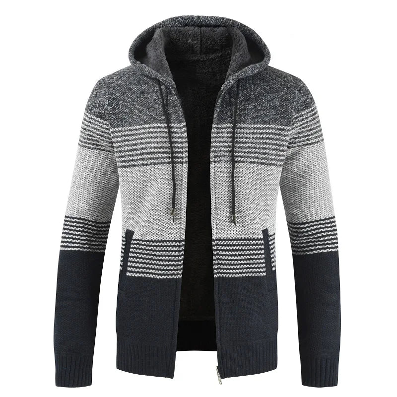 Sweater Coat Men 2024 Winter Thick Warm Hooded Cardigan Jumpers Men Striped Wool Liner Zipper Fleece Coats Men