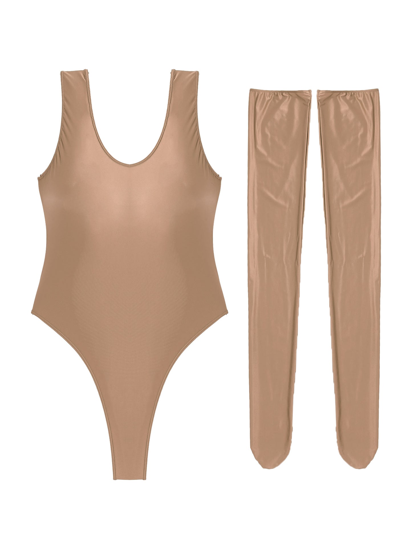 Women Sexy High Cut Bodysuit with Stocking Outfits Metallic Glossy Sleeveless Stretchy Tights One-piece Swimsuit Clubwear