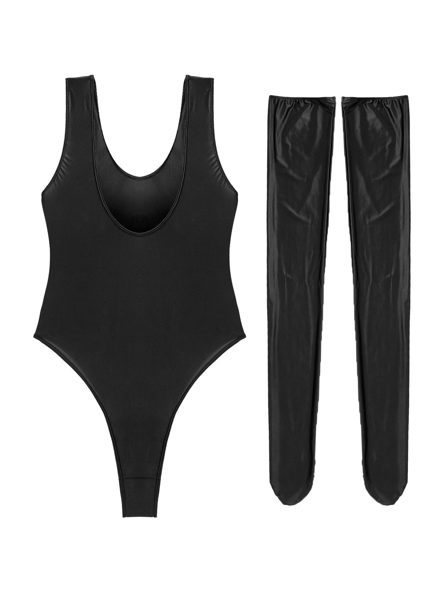 Women Sexy High Cut Bodysuit with Stocking Outfits Metallic Glossy Sleeveless Stretchy Tights One-piece Swimsuit Clubwear