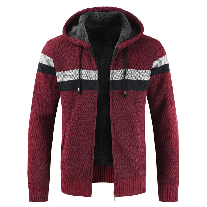 Sweater Coat Men 2024 Winter Thick Warm Hooded Cardigan Jumpers Men Striped Wool Liner Zipper Fleece Coats Men