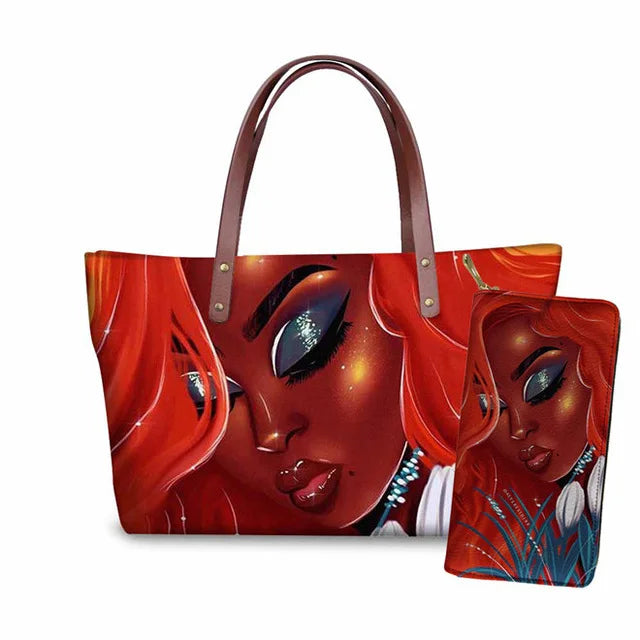 MOQ1 Customized Logo Designer Luxury Women's Handbags Black African Beauty Girl Printed Purses Set Top Handle Handbag for Summer