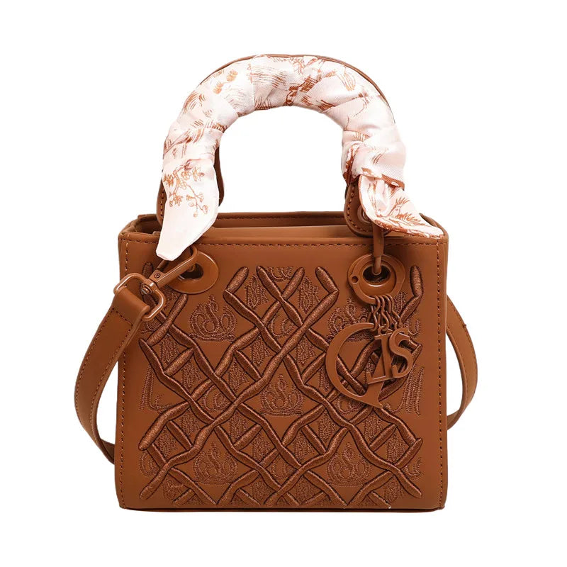Fashionable and Luxurious Women's Single-shoulder Bag, Embroidered Checkered Silk Scarf Decorated Handbag, 8560