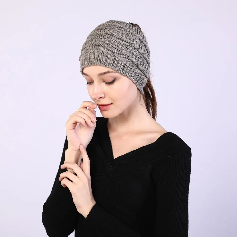 hats for women knitted hat cotton winter beanies with ponytails black knit fleece pink Autumn Solid Color ladies cap