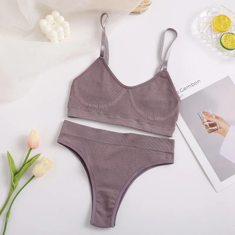 Women Bra Set Sexy Lingerie Female Underwear Set Bralette Ribbed Tops Girls Fashion Brassiere Basic Stretchy Tank Crop Tops