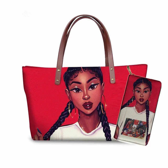 MOQ1 Customized Logo Designer Luxury Women's Handbags Black African Beauty Girl Printed Purses Set Top Handle Handbag for Summer