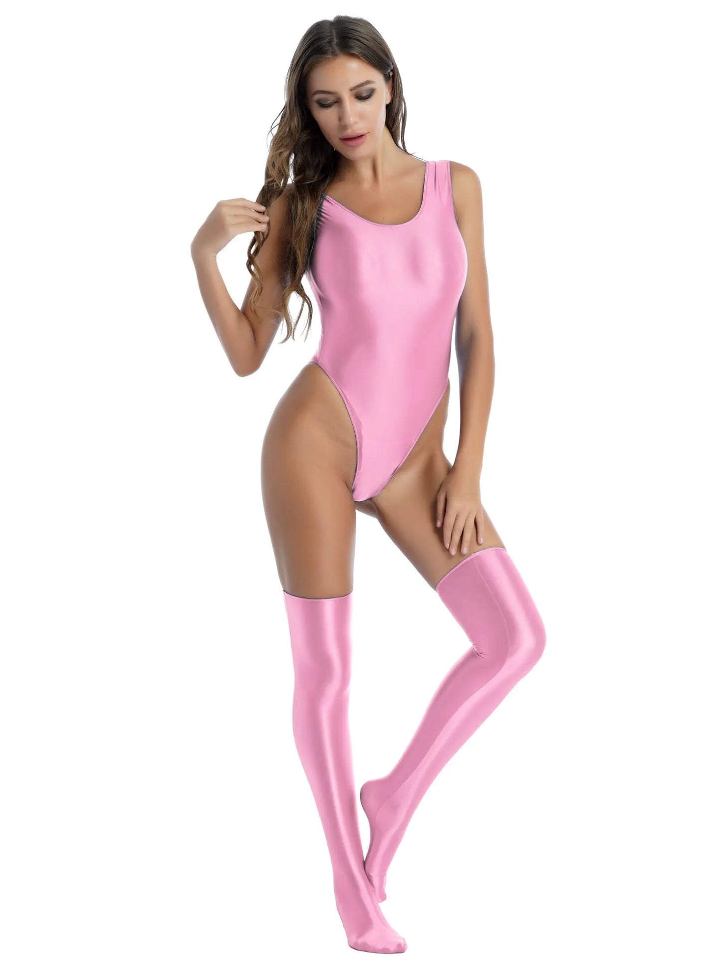 Women Sexy High Cut Bodysuit with Stocking Outfits Metallic Glossy Sleeveless Stretchy Tights One-piece Swimsuit Clubwear