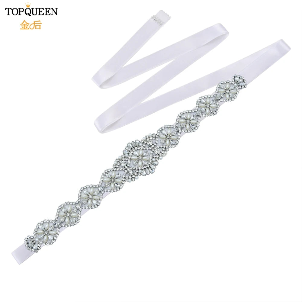 TOPQUEEN Bridal Belts Bling Wedding Women Jewelry Silver Rhinestone Pearl Crystal Sparkly Party Formal Dress Diamond Sash S161