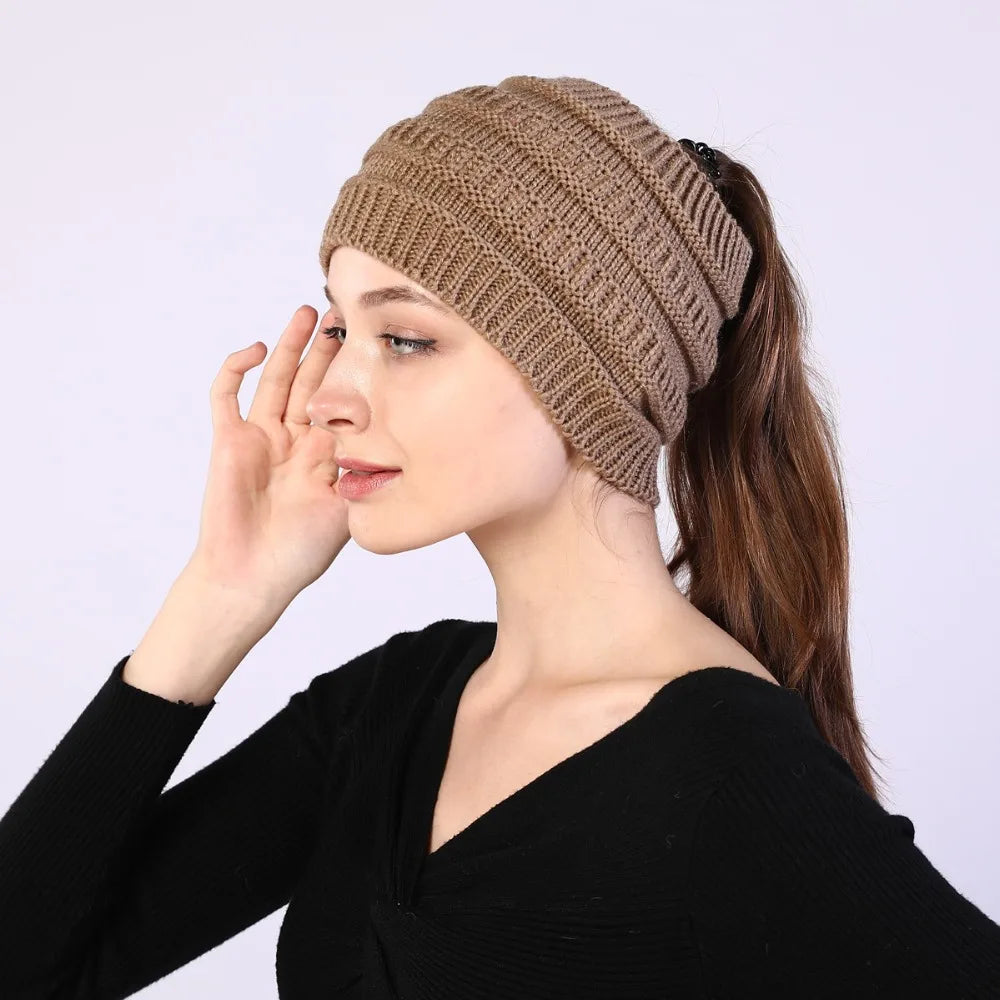 hats for women knitted hat cotton winter beanies with ponytails black knit fleece pink Autumn Solid Color ladies cap