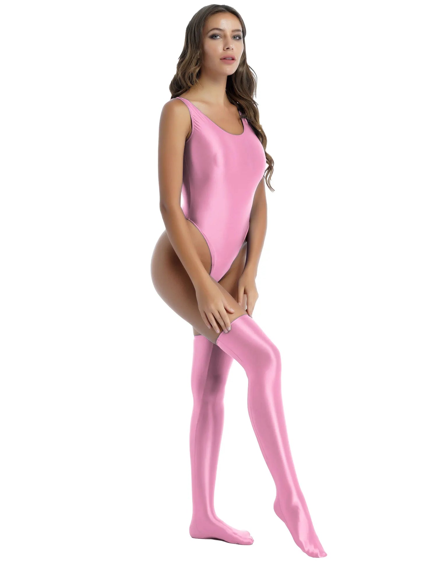 Women Sexy High Cut Bodysuit with Stocking Outfits Metallic Glossy Sleeveless Stretchy Tights One-piece Swimsuit Clubwear