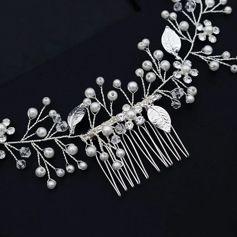 SLBRIDAL Handade Alloy Leaf Crystal Rhinestones Bridal Hairbands With Comb Wedding Headband Hair accessories Bridesmaids Jewelry