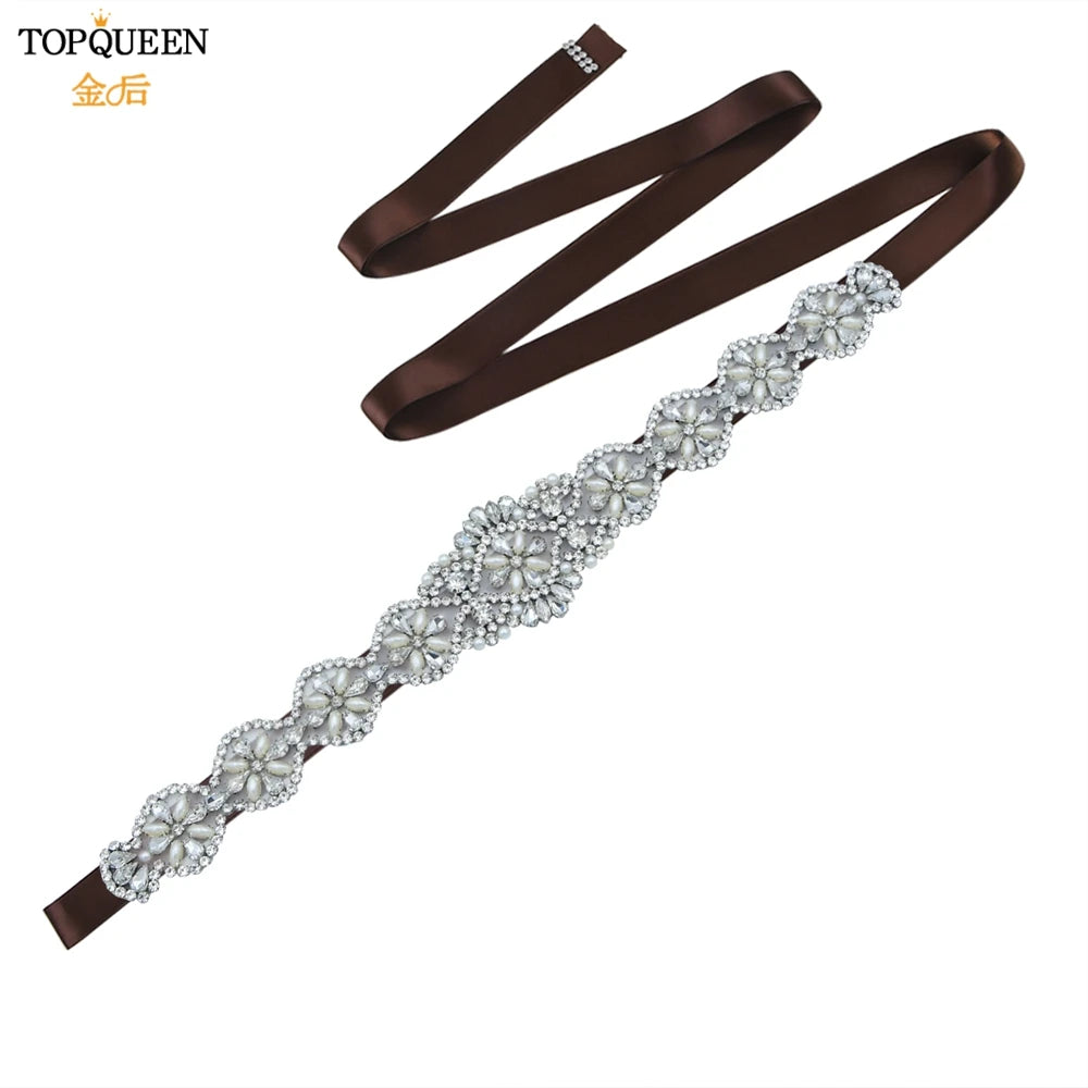 TOPQUEEN Bridal Belts Bling Wedding Women Jewelry Silver Rhinestone Pearl Crystal Sparkly Party Formal Dress Diamond Sash S161