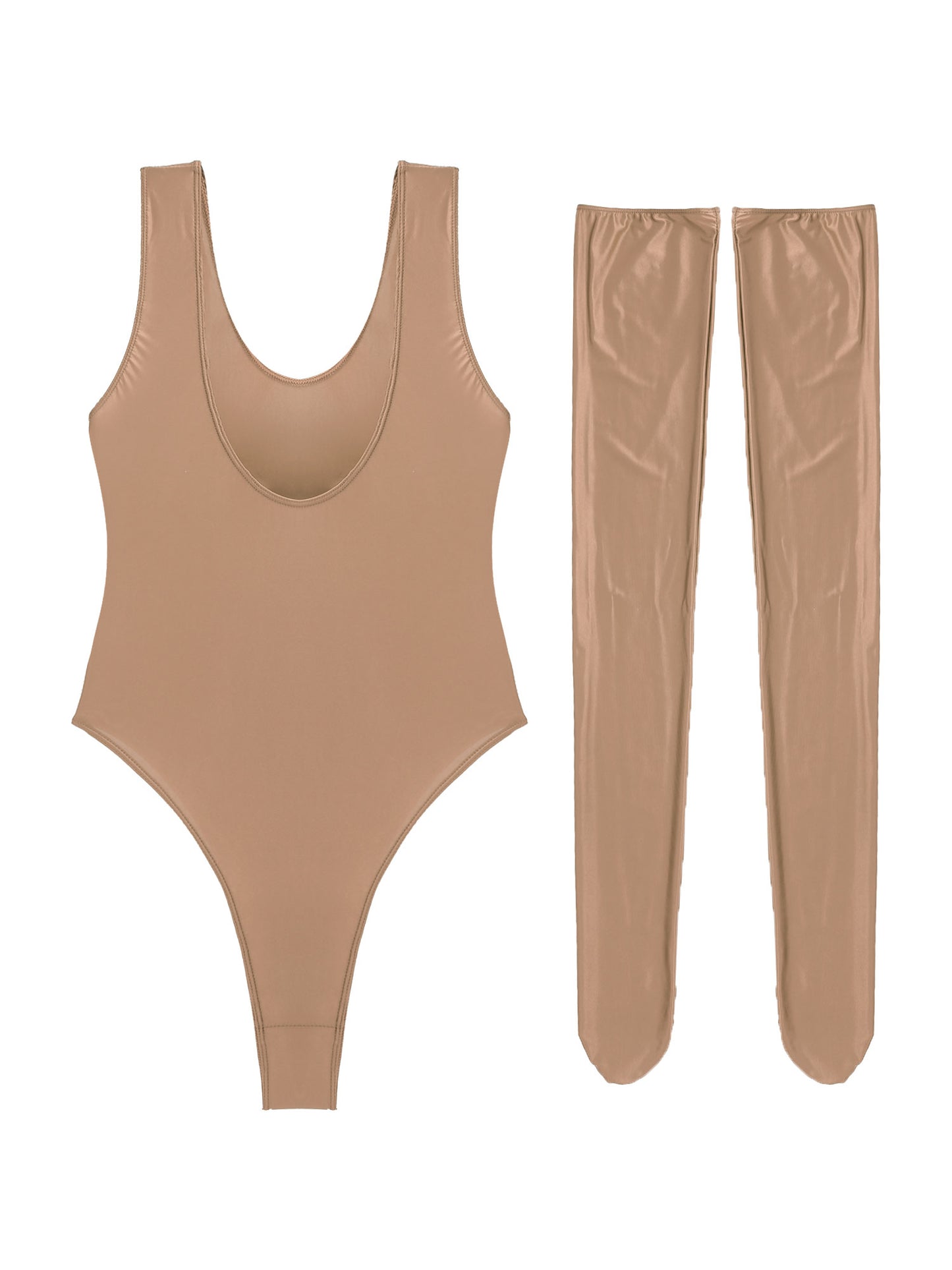 Women Sexy High Cut Bodysuit with Stocking Outfits Metallic Glossy Sleeveless Stretchy Tights One-piece Swimsuit Clubwear