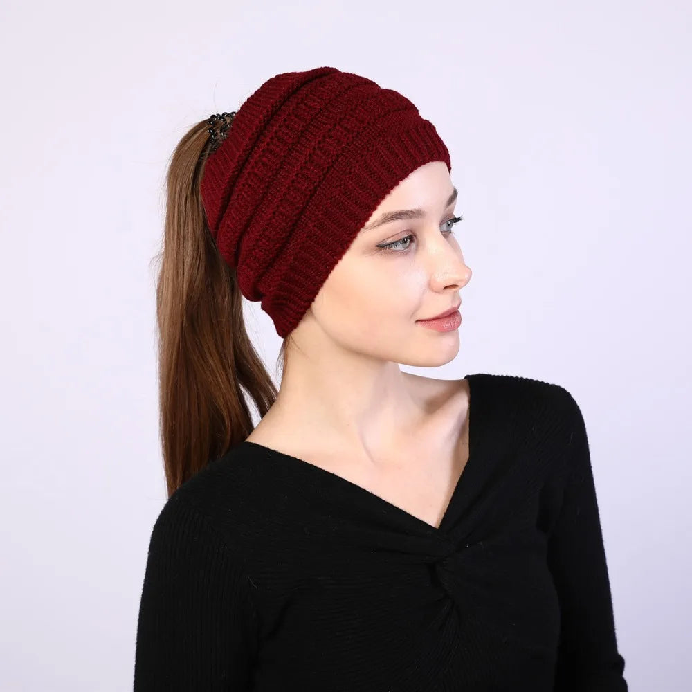 hats for women knitted hat cotton winter beanies with ponytails black knit fleece pink Autumn Solid Color ladies cap