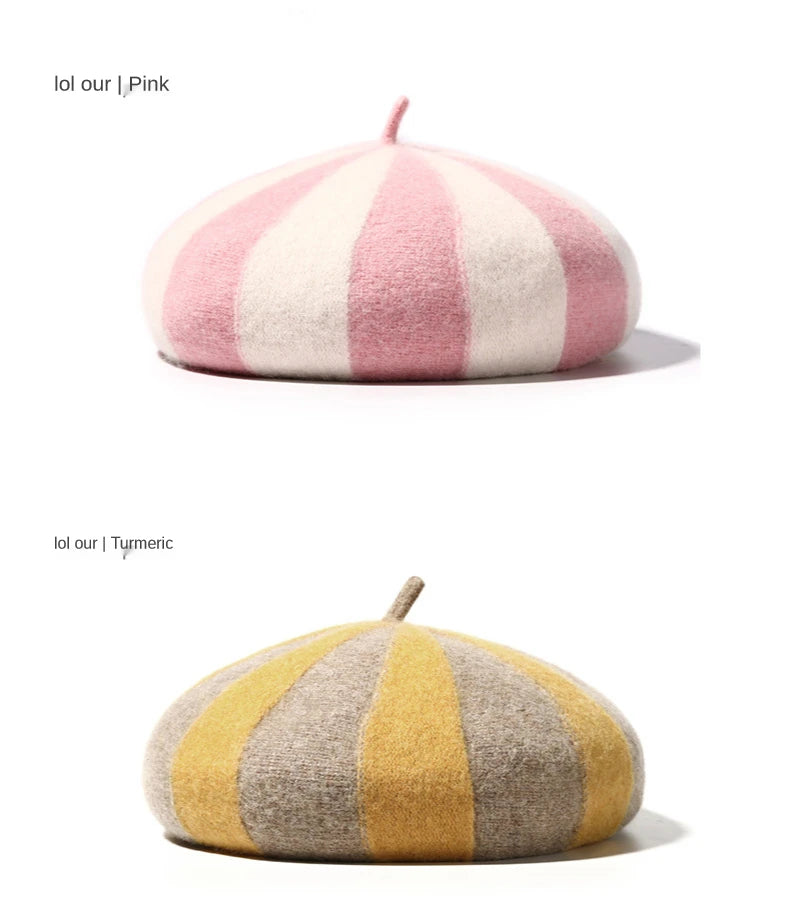 Women's Hat 100% Wool Beret Knitted Tweed Contrast Stripe Japanese Painter British Retro Autumn Winter Hats